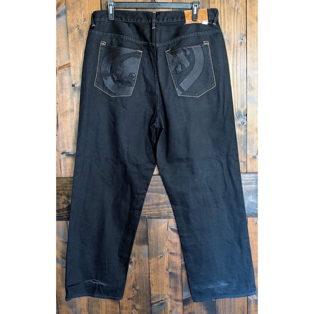 Vintage Ecko Unltd Black Denim Baggy Fit Jeans Mens Size 38 Embroidered Pockets - Picture 2 of 10
